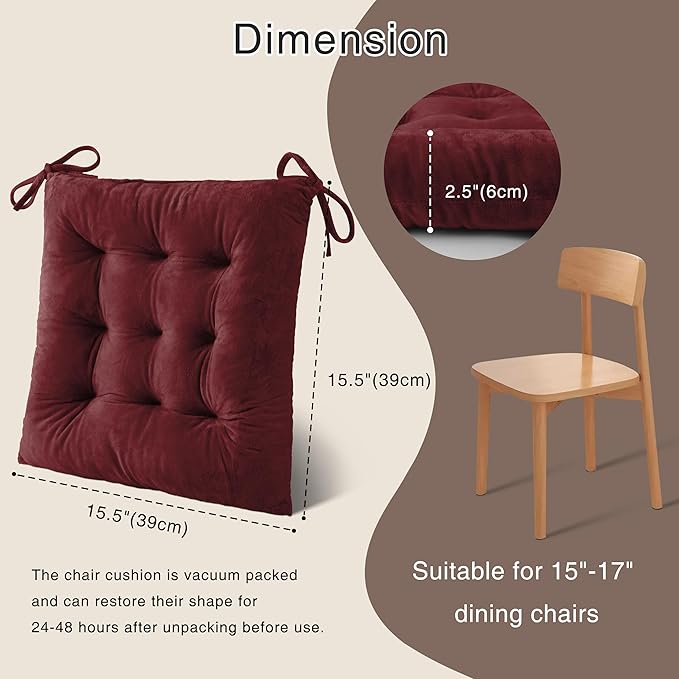 OVOV 4 Pack Chair Cushions for Dining Chairs Soft Seat Cushions for Kitchen Desk Chairs Square Chair Pads with Ties (15.5"x15.5" Burgundy)