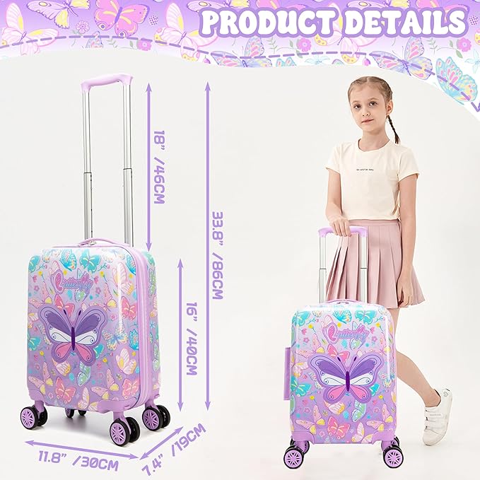 Kid's Luggage Set 2 Piece Suitcase Set 16" Hardside Luggage with Spinner Wheels Girls Carry on Toddler Travel Rolling Suitcase with Neck Pillow Airline Approved