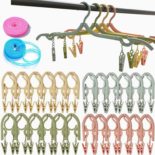 24 PCS Travel Hangers,Portable Folding Clothes Hangers with Clips,Foldable Clothes Drying Rack for Travel,Plastic Foldable Non Slip Clothing Hangers,4 Colors