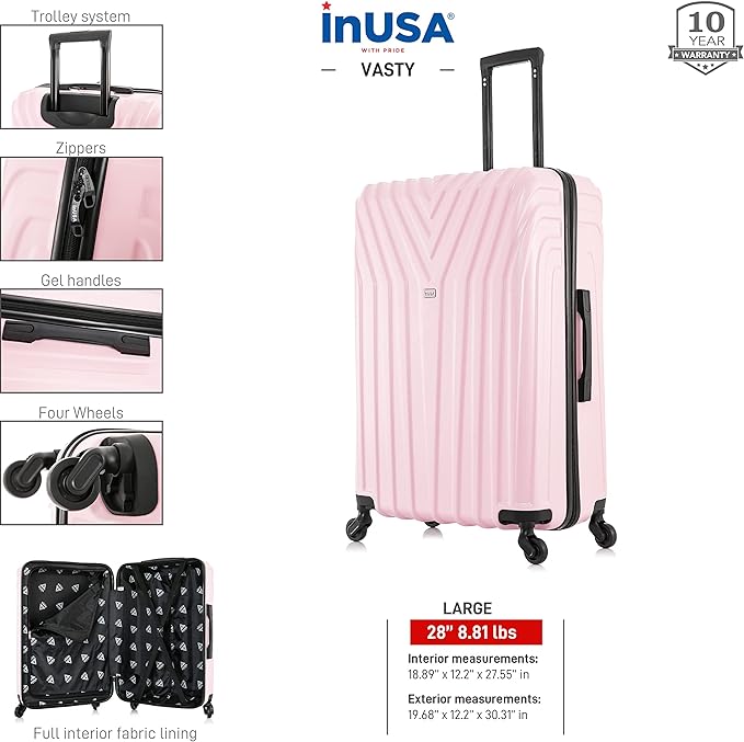 InUSA VASTY Luggage with Spinner Wheels | Durable Lightweight Hardside Suitcase, Travel Bag with Handle and Trolley, 28-Inch Large Checked Luggage | Pink