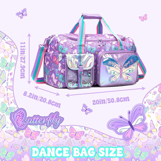 Butterfly Kids Duffle Bag Girls Travel Bag Overnight Dance Sleepover Bags for Girls Gymnastics Sports Bags for Kids with Shoe Compartment