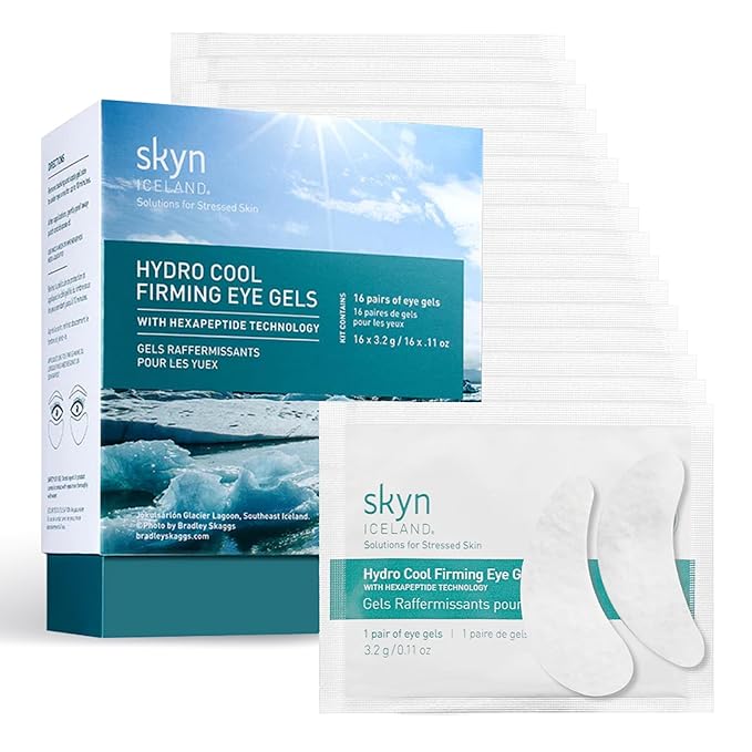 Skyn ICELAND Hydro Cool Firming Under Eye Patches, Instant Cooling for Puffy, Tired Eyes with Peptides and Coenzyme Q10, 10 Minute Treatment, Vegan, All Skin Types, 16 Pairs