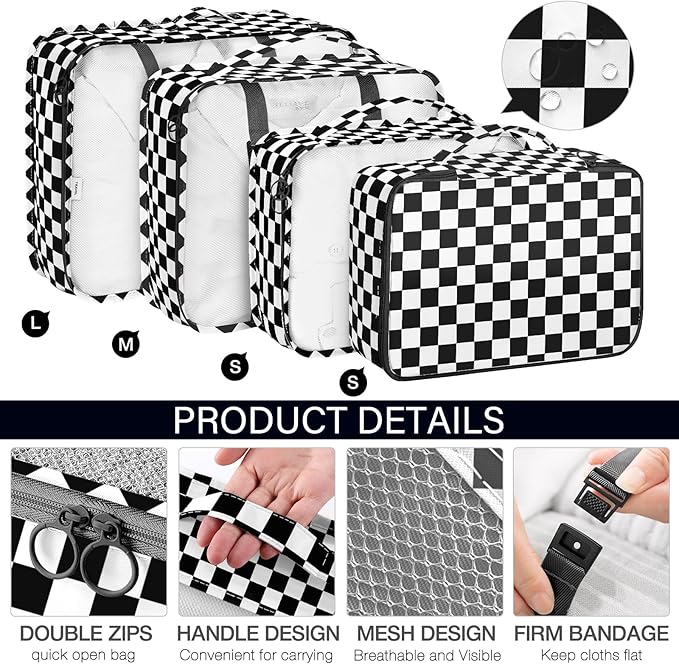KPX 8 Set Packing Cubes for Travel, Luggage Packing Organizers Accessories Large Toiletries Bag for Clothes Shoes Cosmetics (8Set-Black Checkered)