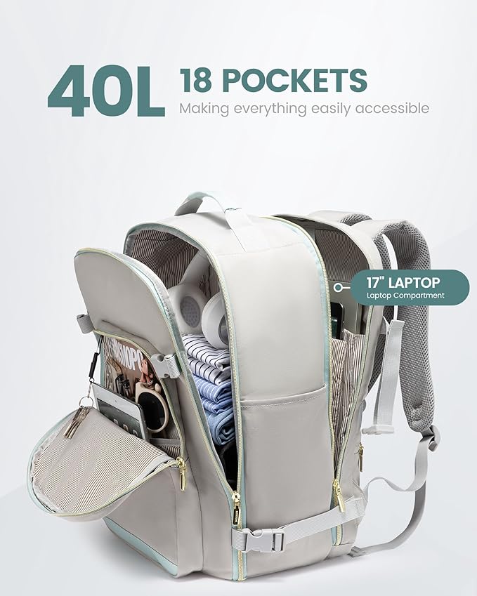 LOVEVOOK Travel Backpack for Women & Men 40L,Airline Approved Carry On Backpack Travel Essentials,TSA Carry on Luggage,Waterproof Personal Item Travel Bag,Suitcase with 3 Cubes,Light grey-Mint green