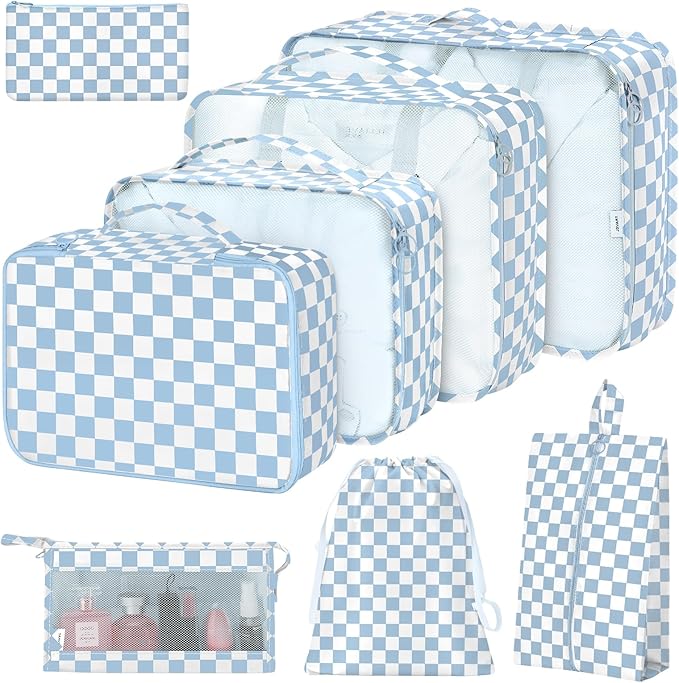 8 Set Packing Cubes for Suitcases,Packing Cubes with Shoe Bag, Cosmetics Bag, Clothing Bag, Accessories Bags Packing Cubes for Travel Luggage Organizer Women Men(Blue Checkered)