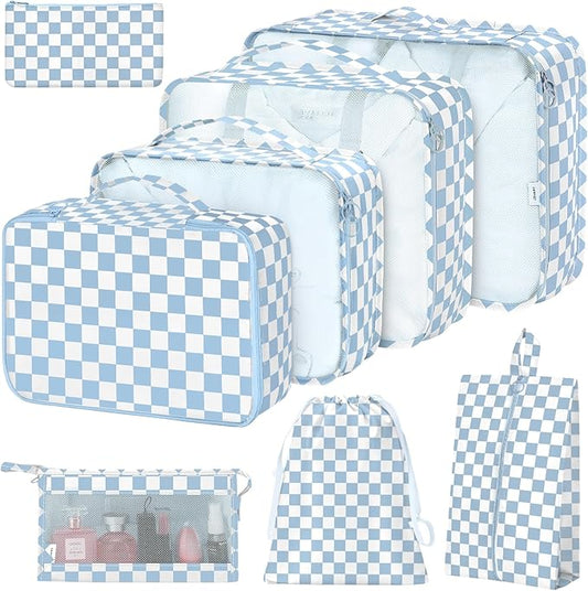 8 Set Packing Cubes for Suitcases,Packing Cubes with Shoe Bag, Cosmetics Bag, Clothing Bag, Accessories Bags Packing Cubes for Travel Luggage Organizer Women Men(Blue Checkered)