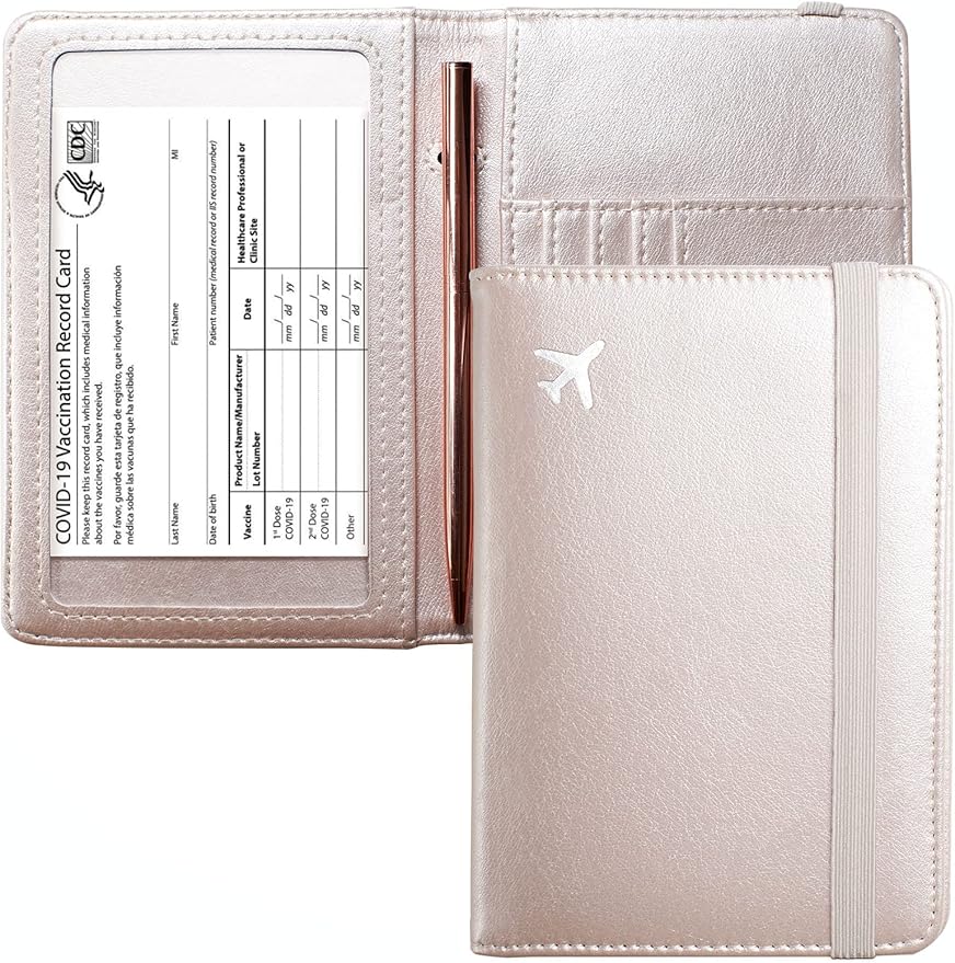 Mymazn Passport and Vaccine Card Holder Combo Passport Holder Wallet With Vaccination Card Holder Passport Case with RFID Blocking Clear Pocket For Vaccine Card Holder (Champagne Pink)