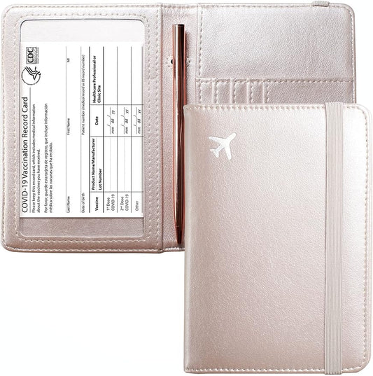 Mymazn Passport and Vaccine Card Holder Combo Passport Holder Wallet With Vaccination Card Holder Passport Case with RFID Blocking Clear Pocket For Vaccine Card Holder (Champagne Pink)