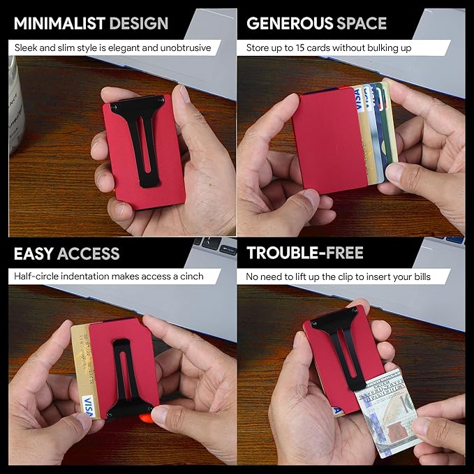Carbon Fiber Minimalist Wallet for Men Credit Card Holder Money Clip & Cash Strap Slim RFID Mens Wallets-Matt Red
