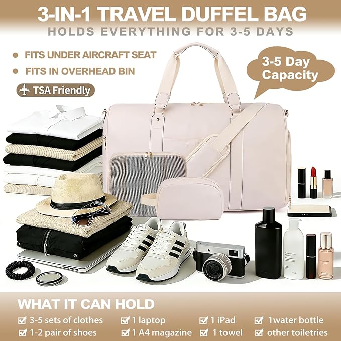 Large 3-in-1 Leather Duffle Bag for Travel Weekender Overnight Hospital Gym Bag for Men & Women, Carry On Airline Approved Personal Item Duffel Garment Bag Luggage with Shoe Compartment & Toiletry Bag