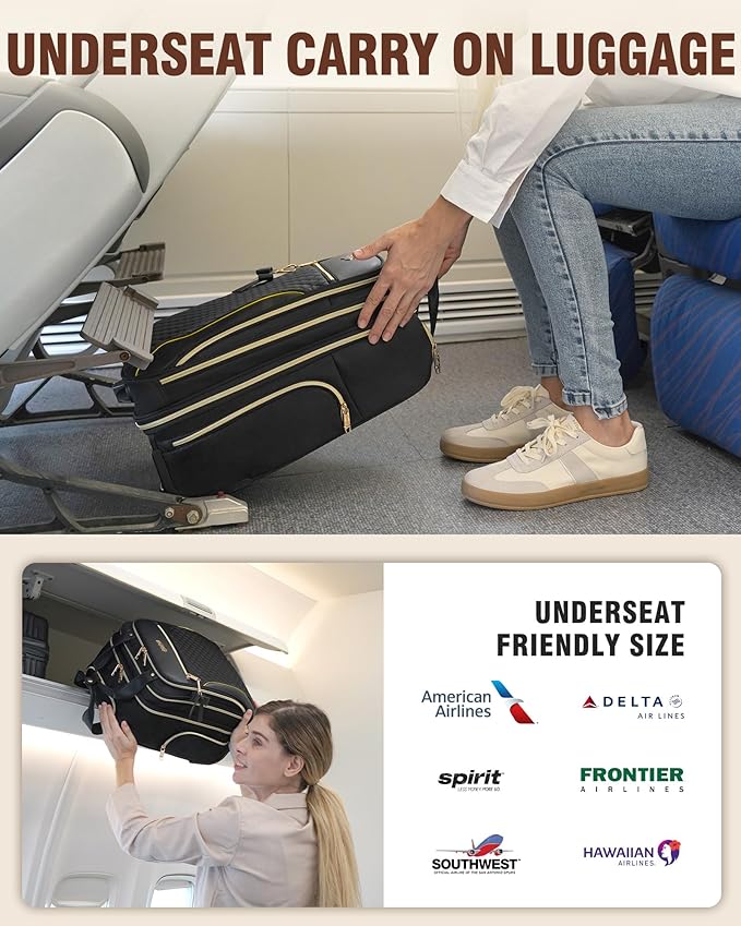 Underseat Carry On Luggage with 2 Wheels, Airline Approved Personal Item Suitcase with Multiple Compartments, Lightweight Softside Under Seat Carry-on Suitcases for Women Travel Business, Black
