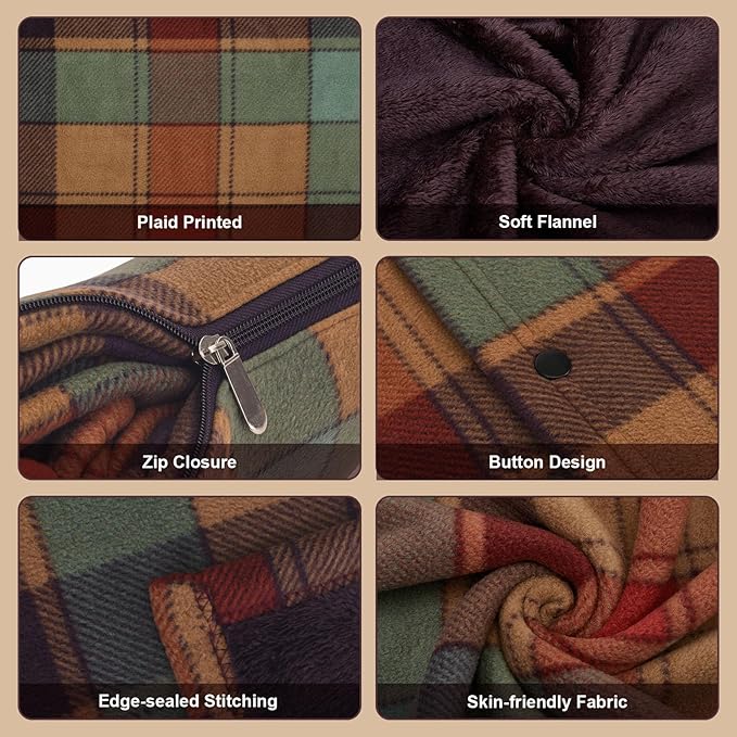 forestfish Wearable Blanket Compact Pillow 2-in-1, Lap Blanket Poncho with Button Plaid Throw Cushion for Home Office Sofa