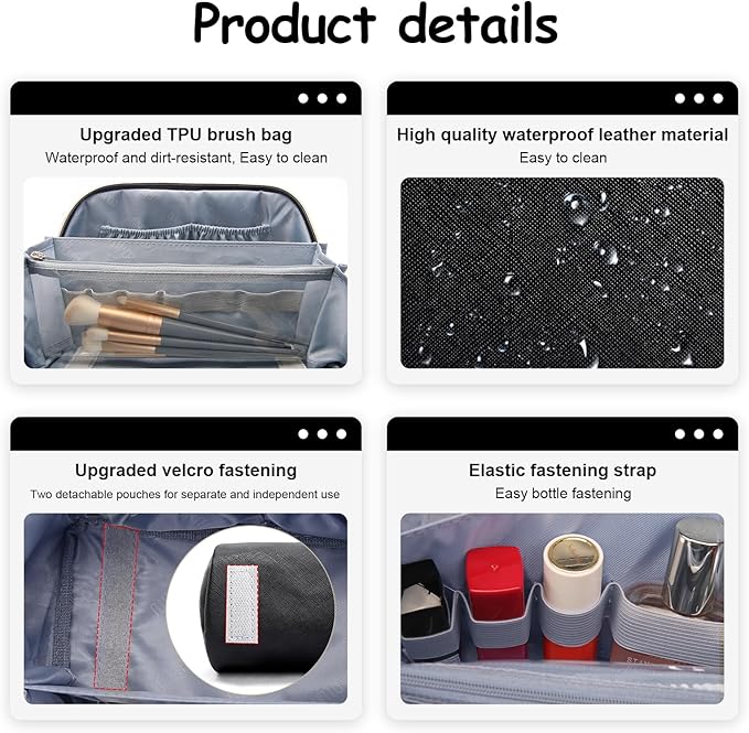 BOYATU Travel Makeup Bag Organizer Cosmetic Bag: 3 Pcs Set Make up Bags for Women with Handle - Waterproof Vegan Leather Toiletry Bags Travel Essentials Pouch with Compartments (C-01-Black)