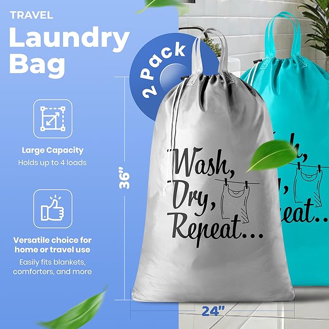 Extra Large Travel Laundry Bag - 2-Pack Fun Print Design Bags for Dirty Clothes - Durable Water-Resistant Fabric - Sturdy Drawstring Closure (Teal-Grey | Wash Dry Repeat)