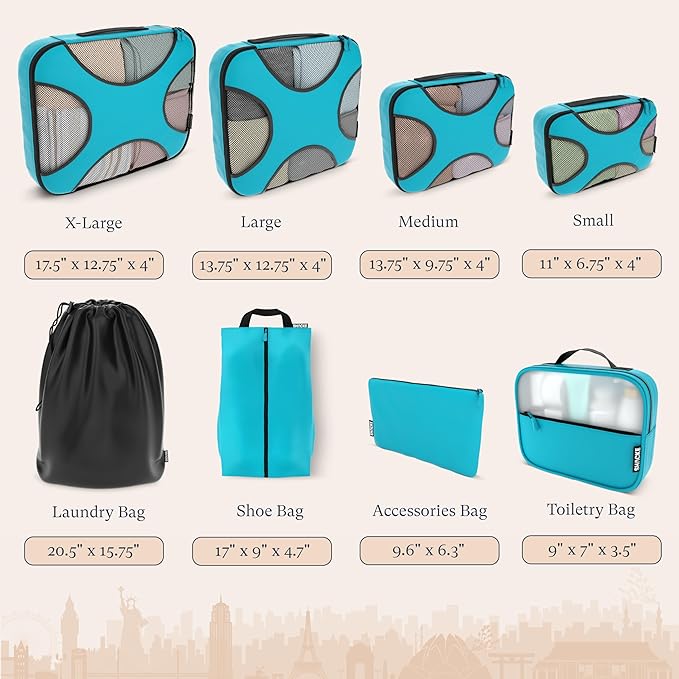 Shacke Packing Cubes for Travel 8 Set - Compression Luggage Organizer Bags - Versatile Travel Organizer for Women and Men - Optimized Packing Bags - Travel Essentials (Aqua Teal)