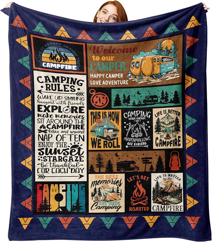 Camping Gifts for Men Women Flannel Throw Blanket, Birthday Ideas for Camper, Vintage Present for Camping Lover RV Owner, Campsite Outdoor Travel Hiking Bed Sofa Blankets 50"x60"