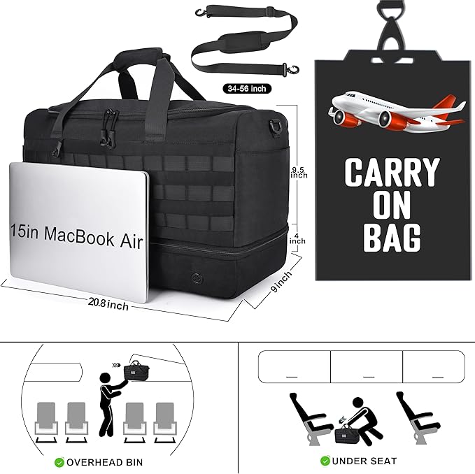 MOZETO Black Duffle Bag for Men, 45L Carry On 22x14x9 Travel Duffle with Shoe Compartment Tactical Inspired Heavy Duty GYM Overnight Bag Wet-Dry Separated Compartment