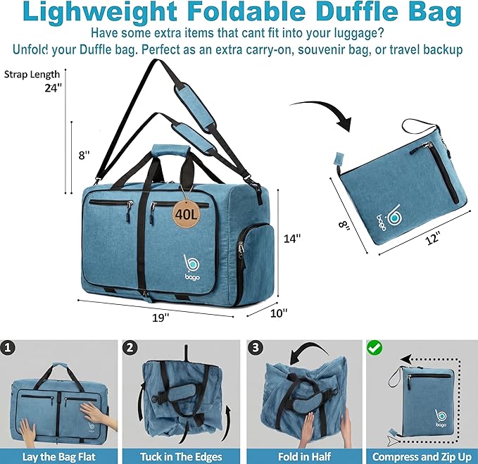 Bago Compact Duffle Bag for Travel Women & Men. Durable Lightweight Foldable Travel Duffel Bags For Traveling Women. 40L Duffle Bags a Reliable Weekender duffel or Overnight Bag With Shoe Compartment