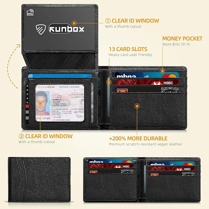 RUNBOX Wallet for Men Slim Rfid Leather 2 ID Window With Gift Box | Slim, Rfid, 2 ID Window, With Gift Box, Slim, Rfid