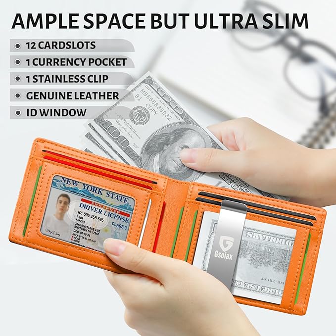 GSOIAX Slim Wallet for Men Rfid Blocking Leather Bifold Front Pocket Carbon Fiber Credit Card Holder Novelty Wallets With Gift Box (Carbon and Orange -money clip)