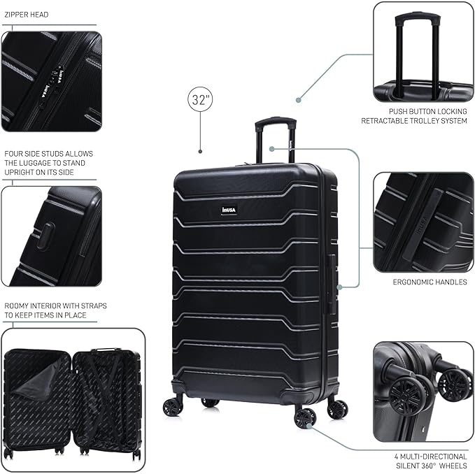 InUSA TREND Luggage with Spinner Wheels | Durable lightweight Hardside Suitcase, Travel Bag with Handle and Trolley | 32-inch Extra-Large Checked luggage | Black