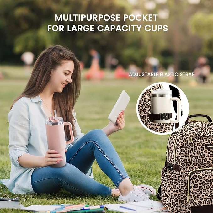 LOVEVOOK Laptop Backpack for Women with Pouch Pocket for Large Capacity Cup,15.6 Inch Laptop Computer Bag Travel Backpack Purse,Waterproof Work Business Backpack College Teacher Bags,Leopard print