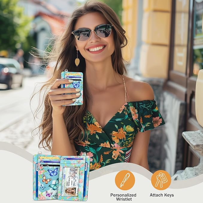 Yonlevres Credit Card Holder Slim Wallet, Butterfly RFID Wallet Women Front Pocket Small Card Holder, Travel Cute Funny Thin Card Case ID Window PU Leather RFID Blocking Card Organizer Gifts Girls