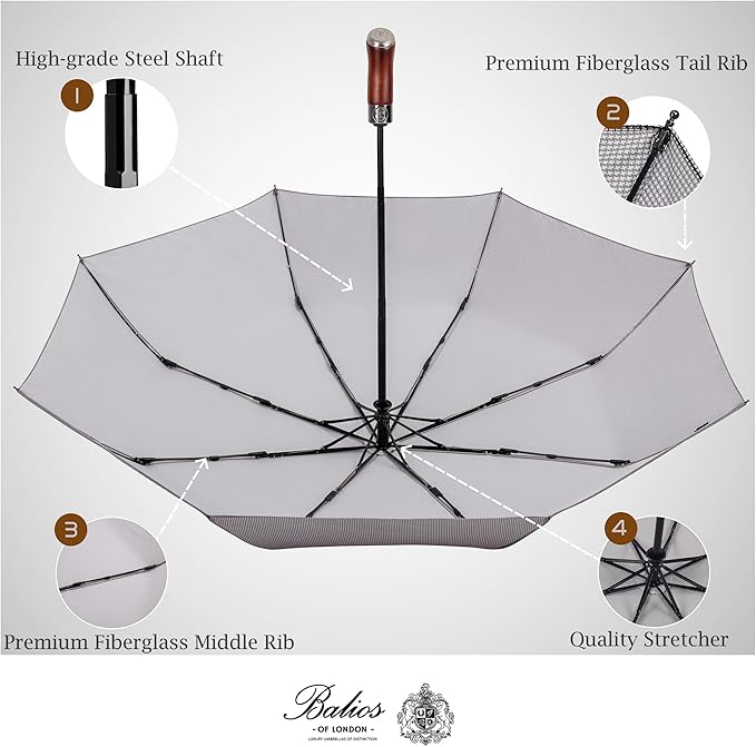 Balios (Designed in UK) Travel Umbrella Luxurious Golden Hardwood Handle Auto Open & Close Windproof Frame Single Canopy Automatic Folding Umbrella Men's & Ladies