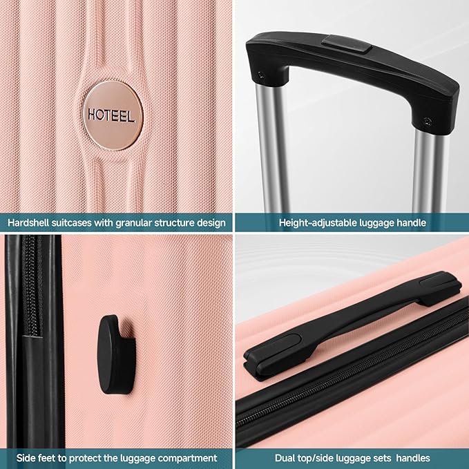 Hoteel 20Inch Luggage 3-piece Set, 360° Universal Suitcases with Wheels Hard Shell Suitcase with TSA Lock, Including Waterproof Luggage Bag, Travel Maletas for Men and Women,Pink