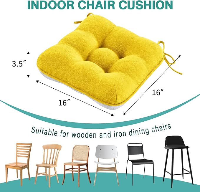 BETU Chair Cushions for Dining Chairs Set of 4,3.5" Thick Kitchen Table Chair Pads with Ties,Non Slip Backing and Covers, Seat Cushion for Dining Room,Bar,Patio Chairs,16"X16"X3.5",Gold