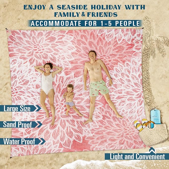 Famstar Beach Blanket Sandproof Waterproof 78''×81''1-5 Adults Oversized,Compact Lightweight Durable Beach Mat for Travel Camping Hiking Picnic Blanket