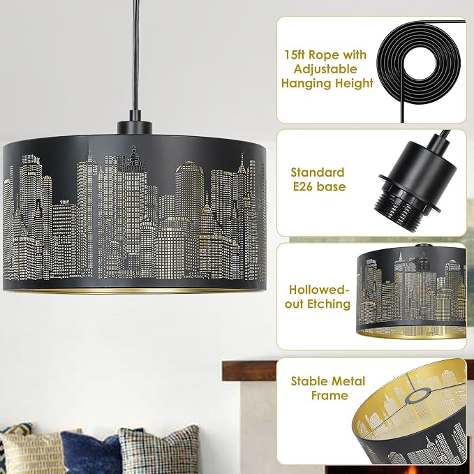 Qingmiao Boho Plug in Pendant Light, Black Shade, 3 Way Bulb, 14ft Cord | Hanging Lamp Plug in, 3-Way Dimmable Hanging Light Fixture for Living Room Bedroom Kitchen Ceiling Home Decor