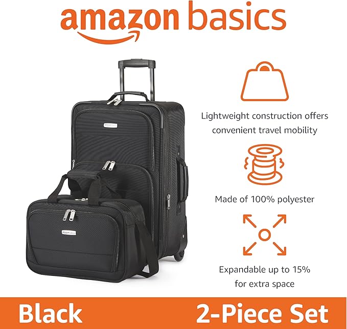 Amazon Basics Softside Luggage Set, 23-Inch Expandable Suitcase with Wheels and 15-Inch Tote, Extra Space (+15%), Front Pockets, Telescopic Handle, Black