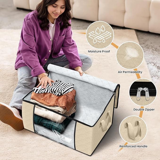 Fab totes 3 Pack Clothes Storage, Foldable Thick Fabric Blanket Storage Bags, Containers for Organizing Bedroom, Closet, Clothing, Comforter, Organization with Handle,Beige