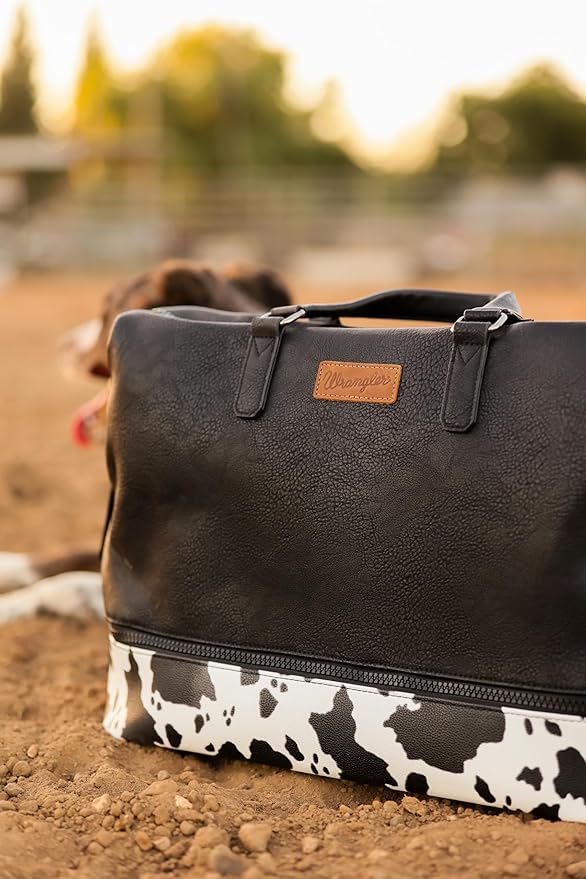 Wrangler Travel Duffel Bag Carry On Overnight Bag with Shoe Compartment Cow Print Weekender Bag for Women WG253-5110COW-BK