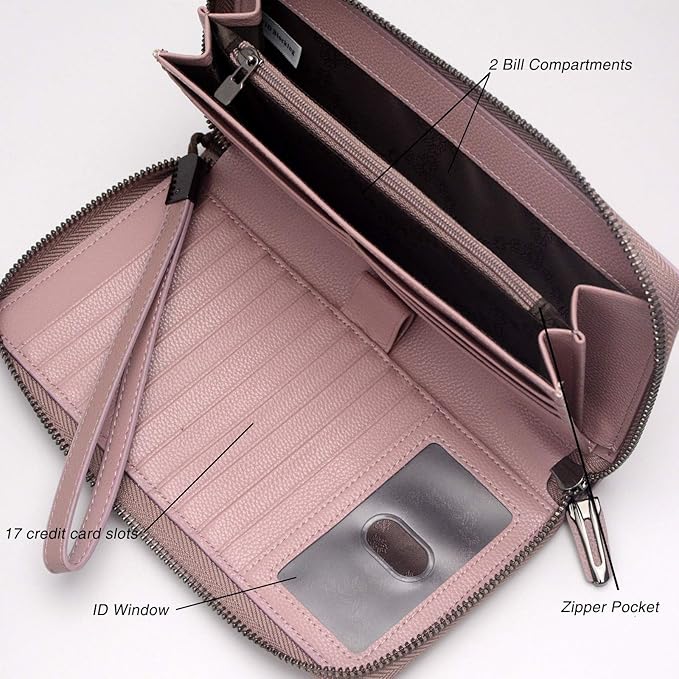Bveyzi Women RFID Blocking Wallet Leather Zip Around Phone Clutch Large Capacity Ladies Travel Purse Wristlet | RFID Blocking, Zip Around, Large Capacity