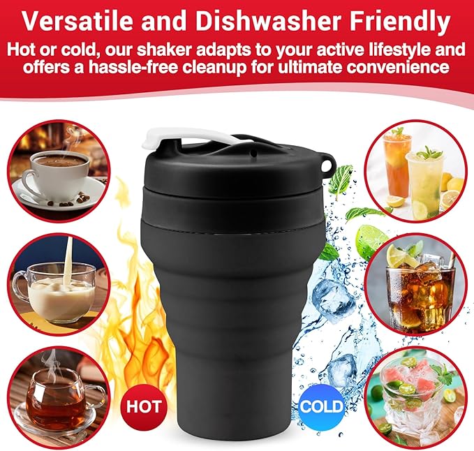 Collapsible Protein Shaker & Water Bottle Food-Grade, Leakproof Lid 600mL/20oz Shaker Cup - Reusable Silicone Shaker Cups for Protein Shakes with Mixing Ball for Gym-goers & Travelers