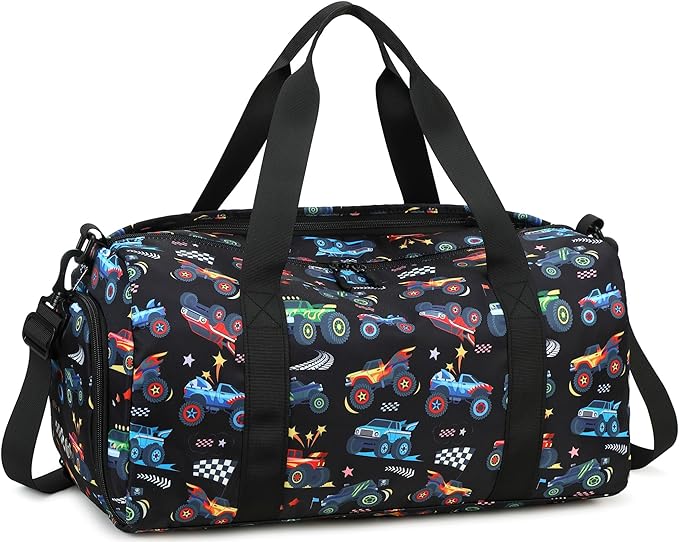 BTOOP Kids Overnight Bag for Boys Small Soccer Sports Gym Bags Duffle Tote With Shoe Compartment Toddler Weekender Sleepover Bags for Travel (Truck-Black)