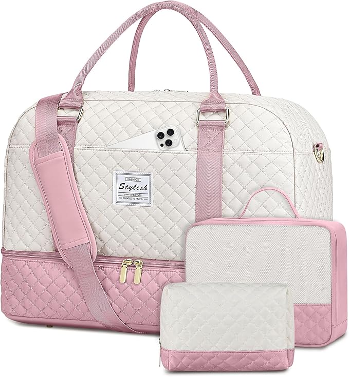 Weekender Travel Duffle Bag for Women: Overnight Bags with Shoe Compartment Carry on duffel Bag for Airplanes with 2 PCS Toiletry Bags Weekend Yoga Gym Hospital Bags with Wet Pocket Beige Pink