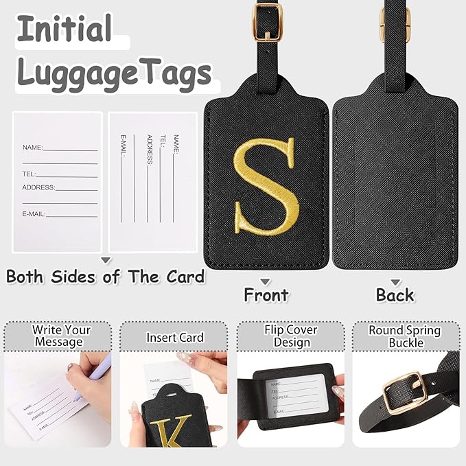 Personalized Initial Luggage Tags for Suitcases, Cute PU Leather Embroidered Letter Travel Luggage Tags, Suitcase Identifier Name Baggage Tag, Bag Tags for Men Women Kids Luggage Handbags(Black S)