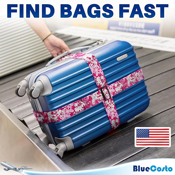 Luggage Straps for Suitcases - TSA Approved - Pink Geometric, 4 PK - Premium Belts for Suitcase, Briefcase & Travel Bag - Adjustable Strap Length 41" - 78"