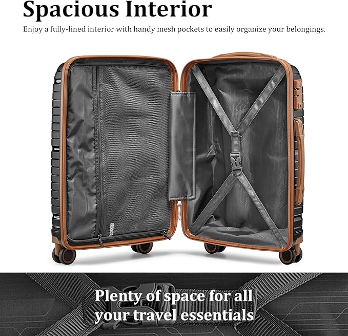 Joyway Luggage Sets 5 Piece PP Hardshell Carry on Suitcase, Travel Lightweight Carry-on with Double Spinner Wheels and TSA Lock, Black Brown