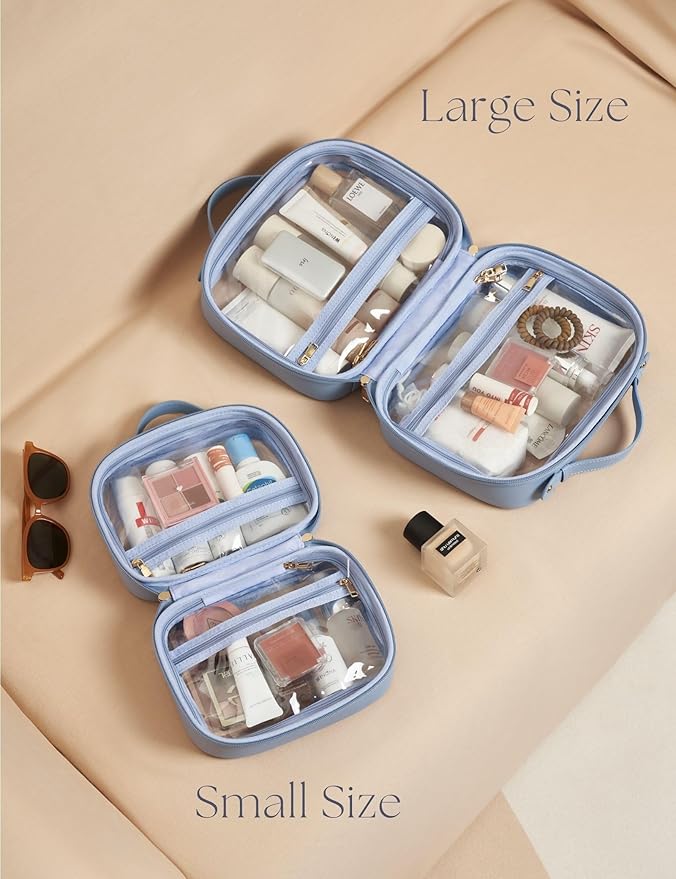 Clear Cosmetic Bag Double Layer Travel Toiletry Bag Clear Makeup Bag Case with 4 Compartments, Transparent Travel Bag for Toiletries, Large Toiletry Bag for Women Cosmetic Case (Blue, Large)
