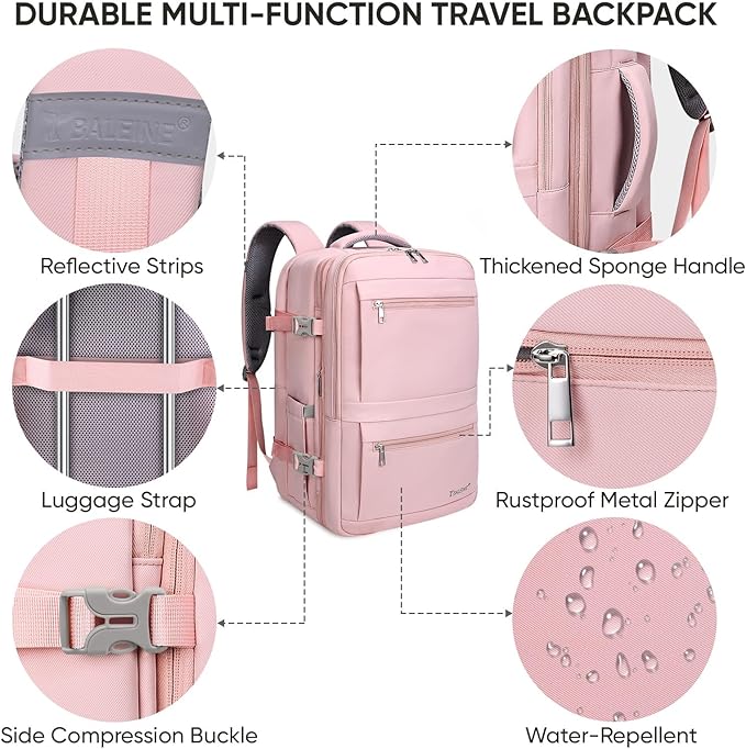 BALEINE Travel Backpack for Women Men, Large Sturdy Carry On Laptop Backpack Gifts for Business, Casual, Weekender, Hiking (XL, Pink)