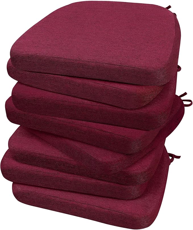 AAAAAcessories D-Shaped Chair Cushions, 2" Thick Dining Chair Pads with Ties and Removable, Machine-Washable Cover, 17" x 16", Set of 8, Wine Red