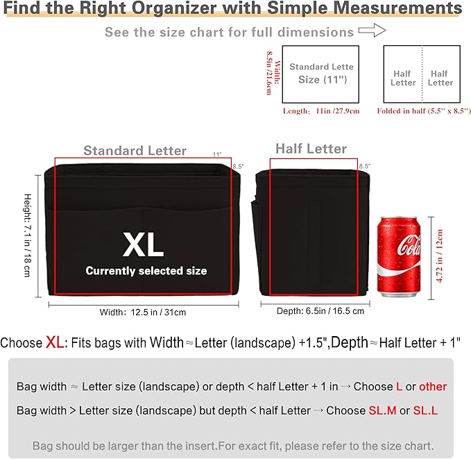 Purse Organizer Insert, Handbag Organizer with Zipper, Tote Shaper with Cup Holder & Keychain, Compatible with LV, Neverfull, MK, COACH, Longchamp, Kate Spade – Black-XL