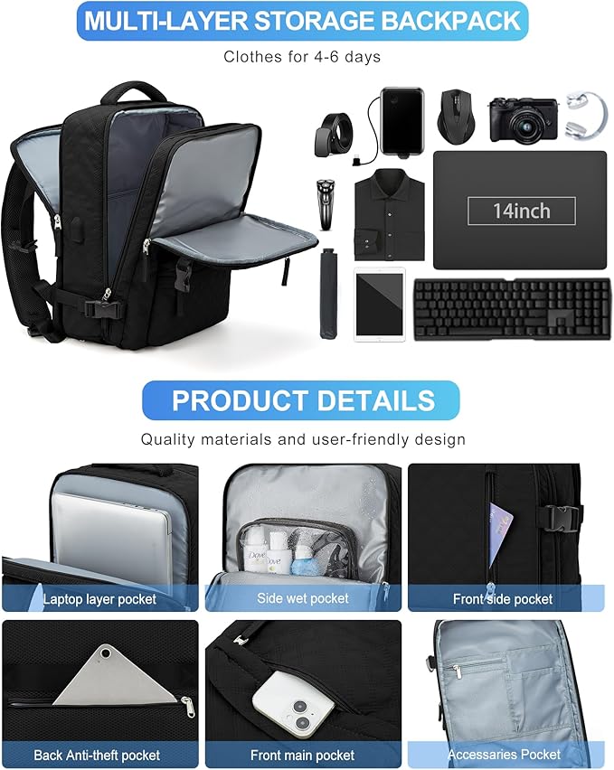 VGCUB Large Travel Backpack for Women Men, Carry on Backpack Airline Approved Gym Backpack Waterproof Business Laptop Daypack, Black
