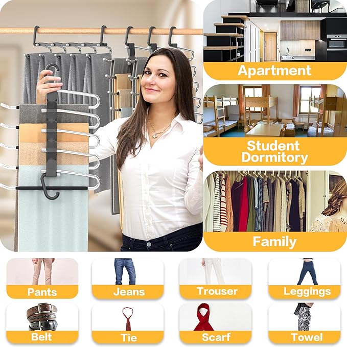 Pants Hangers Space Saving - 4 PCS Closet Organizer and Storage Jean Hangers, Stainless Steel Anti-Slip Clothes Hanger Scarf Holder Pants for Jeans Leggings Trousers Rack for Back to School, Black