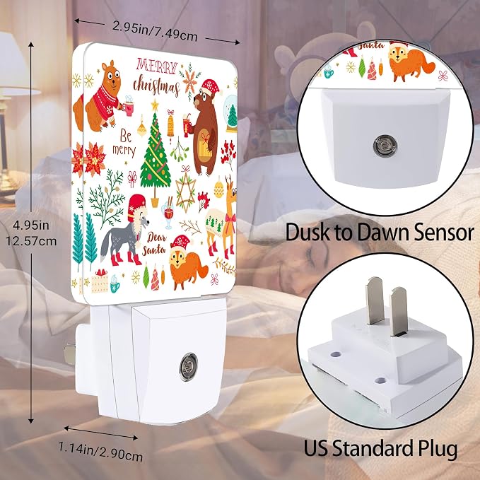 Christmas Forest Animals Night Light, New Year Decoration Plug into Wall with Dusk to Dawn Light Sensors, Warm Nightlights for Bedroom, Bathroom, Hallway, Kitchen, Gifts Ideal for Boys Girls Women