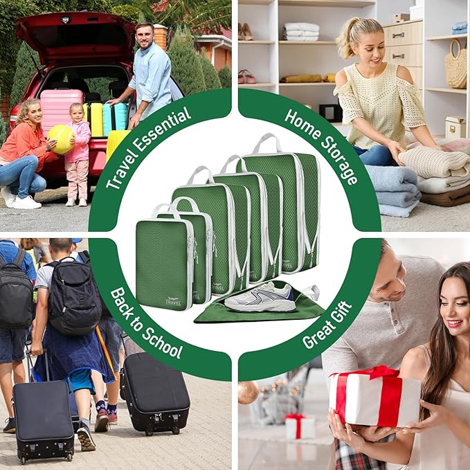 6 Set Compression Packing Cubes, Suitcase Organizer, Lightweight Travel Essentials, Compression Bags For Travel Accessories Luggage Storage Set (6Pcs, Green)